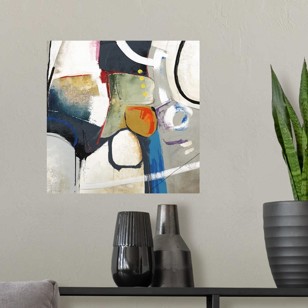 A modern room featuring Square abstract art created with shapes in various colors coming together in the center with a gr...