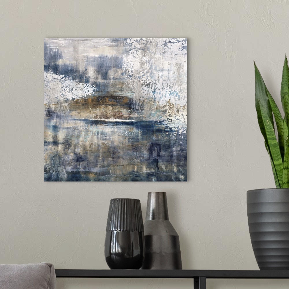 A modern room featuring Contemporary abstract painting in cool tones of blue and brown, with white streaks.
