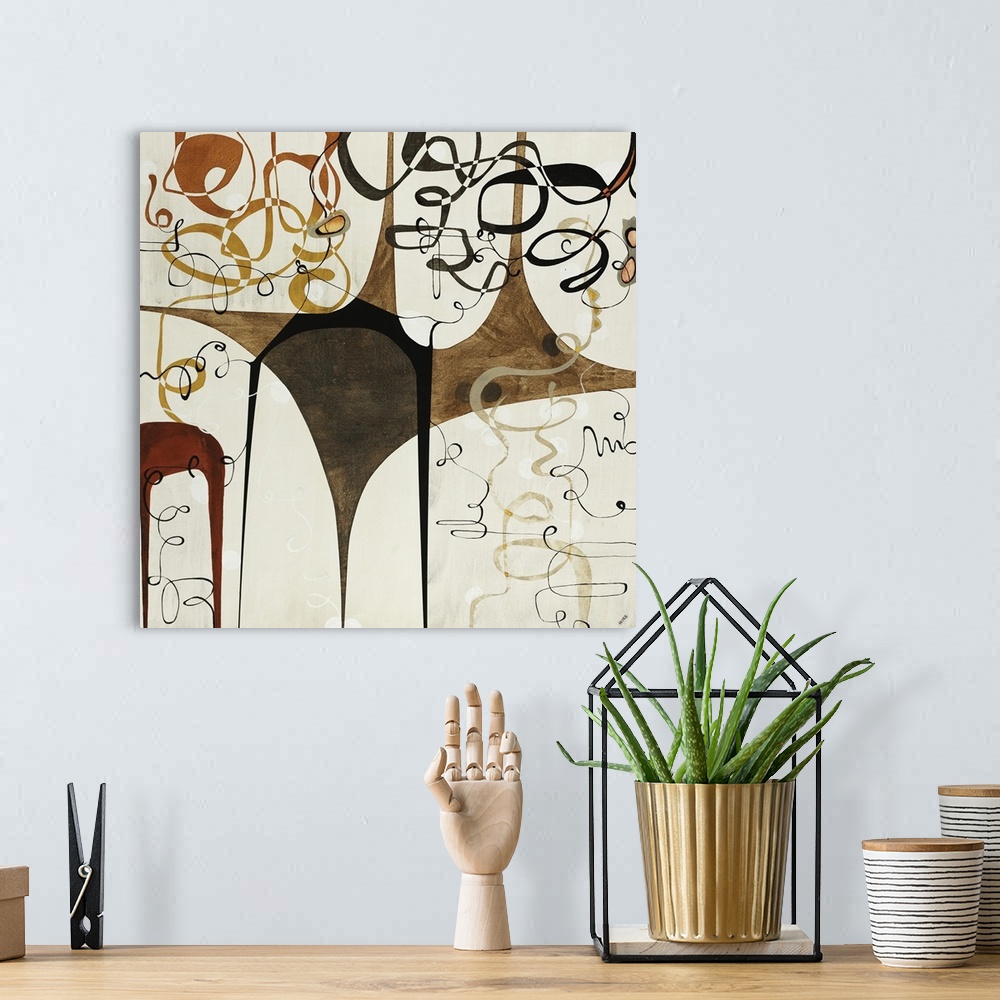 A bohemian room featuring Abstract art in warm earth tones of various shapes with intersecting, looping and overlapping lin...