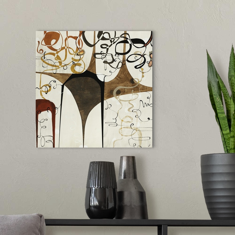 A modern room featuring Abstract art in warm earth tones of various shapes with intersecting, looping and overlapping lin...