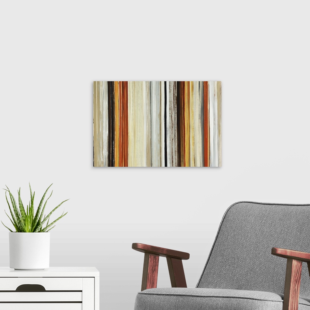 A modern room featuring An abstract piece that is horizontal with neutral colored stripes running vertically across the p...