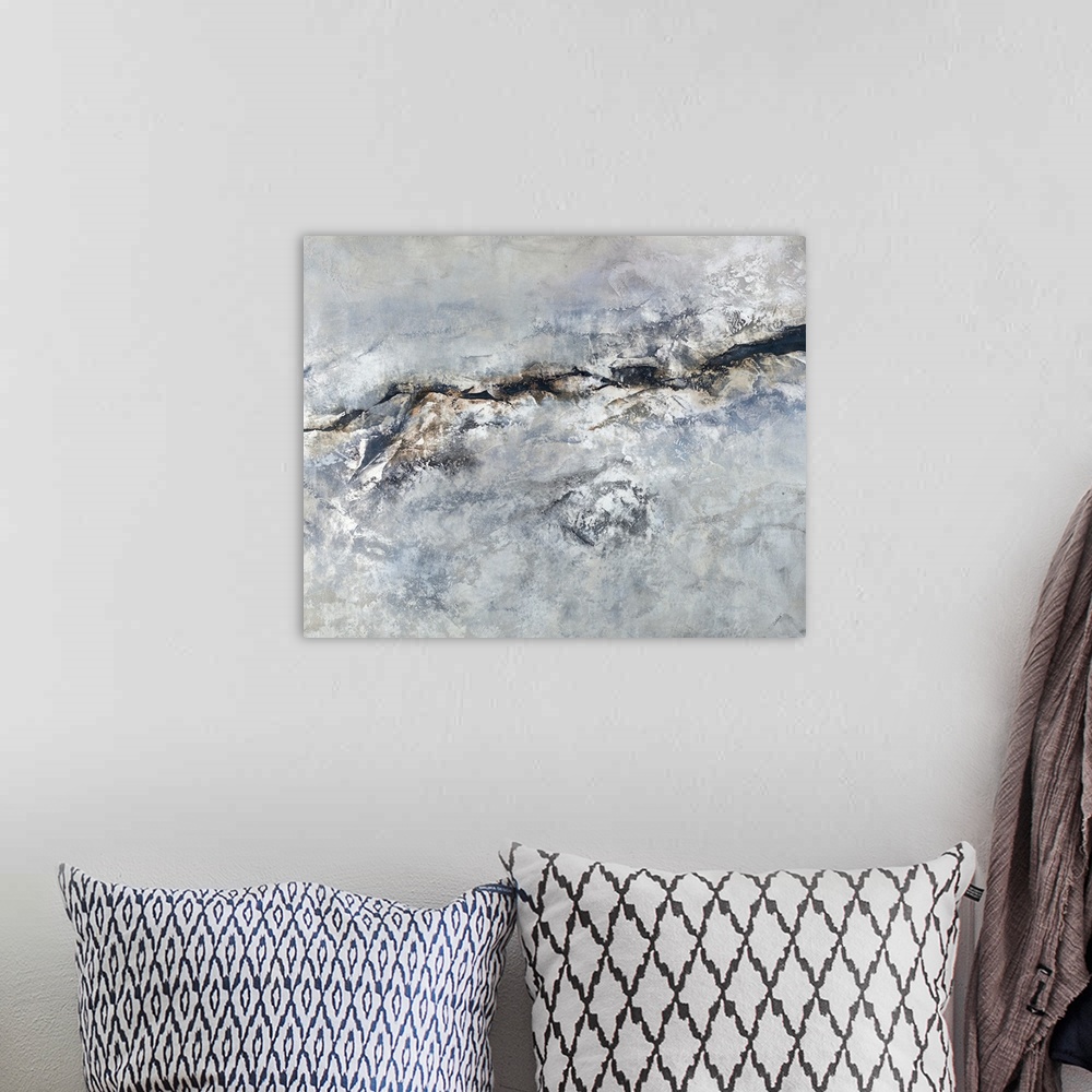 A bohemian room featuring Contemporary abstract painting with shades of gray, silver, blue, and brown creating texture.