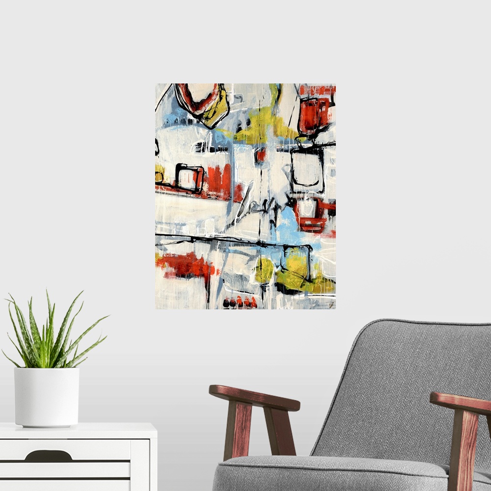 A modern room featuring Abstract painting of lines and blotches of various colors on an off white canvas.