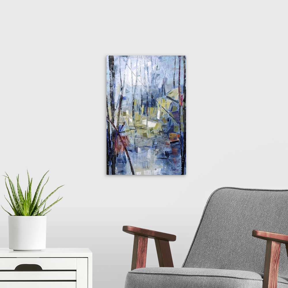 A modern room featuring An abstract landscape of trees in a forest in a cubism modern style.