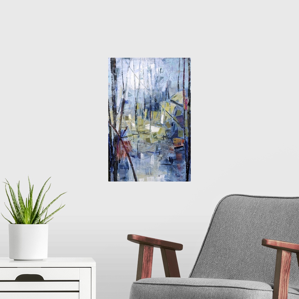 A modern room featuring An abstract landscape of trees in a forest in a cubism modern style.