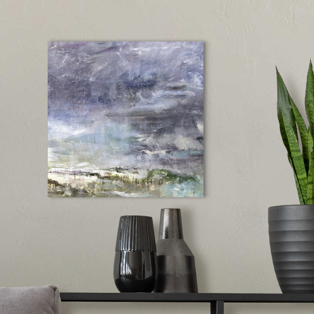 A modern room featuring Abstract painting of textured brush strokes of purple and green.