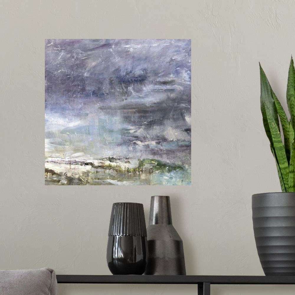 A modern room featuring Abstract painting of textured brush strokes of purple and green.