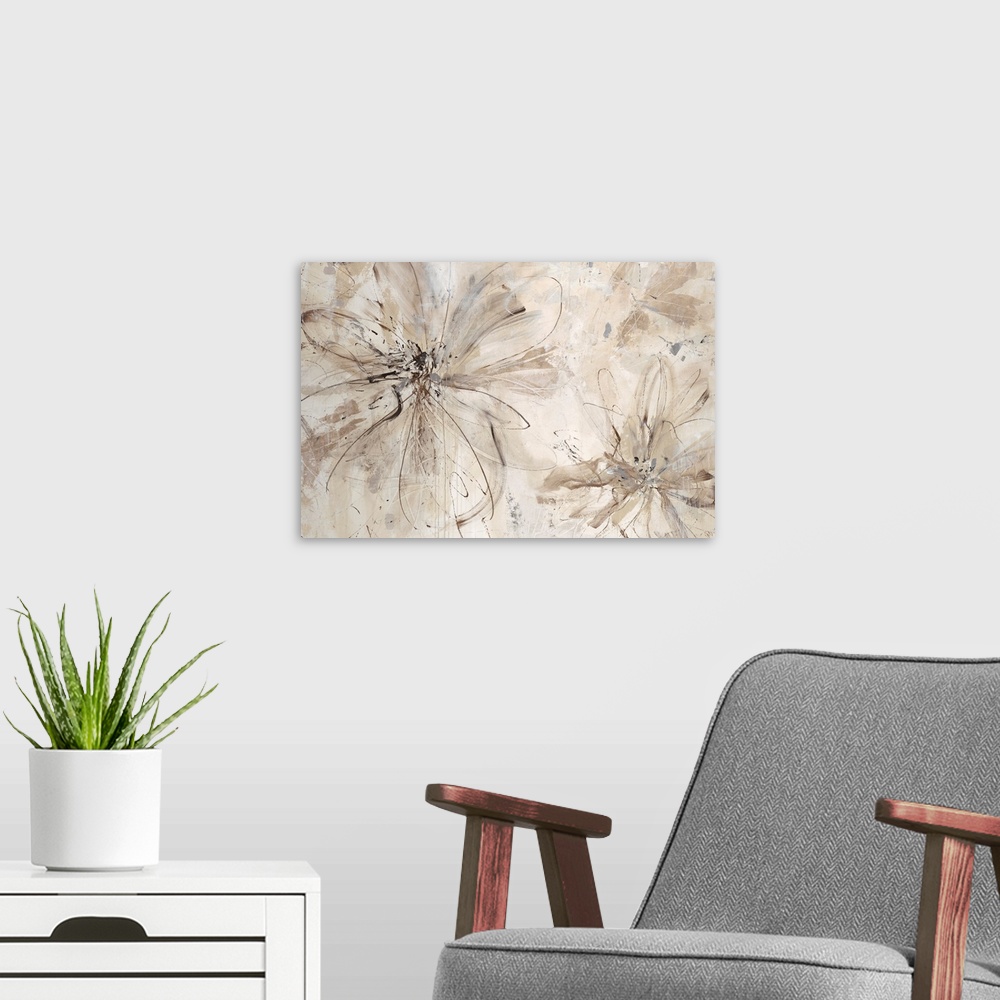 A modern room featuring Abstract painting of several floral shapes created with thinly painted lines and subtle sweeping ...