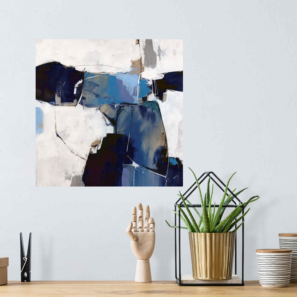 A bohemian room featuring A bold, contemporary abstract in shades of blue and navy on an off-white background. Touches of b...