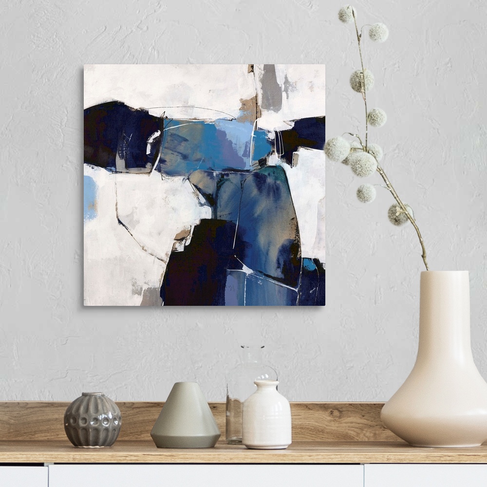 A farmhouse room featuring A bold, contemporary abstract in shades of blue and navy on an off-white background. Touches of b...