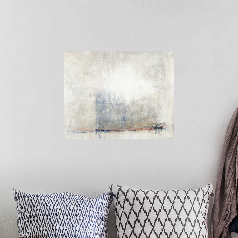 A bohemian room featuring Abstract contemporary painting in pale neutral shades.