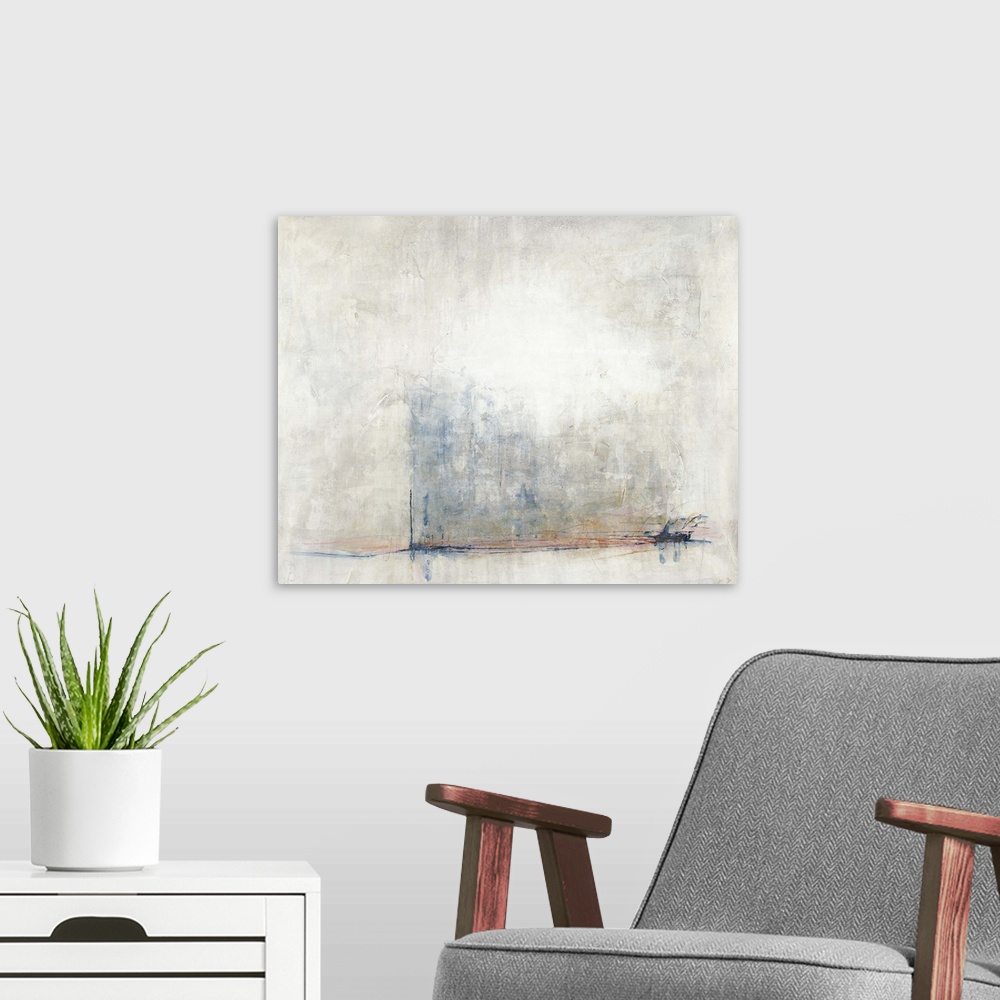 A modern room featuring Abstract contemporary painting in pale neutral shades.