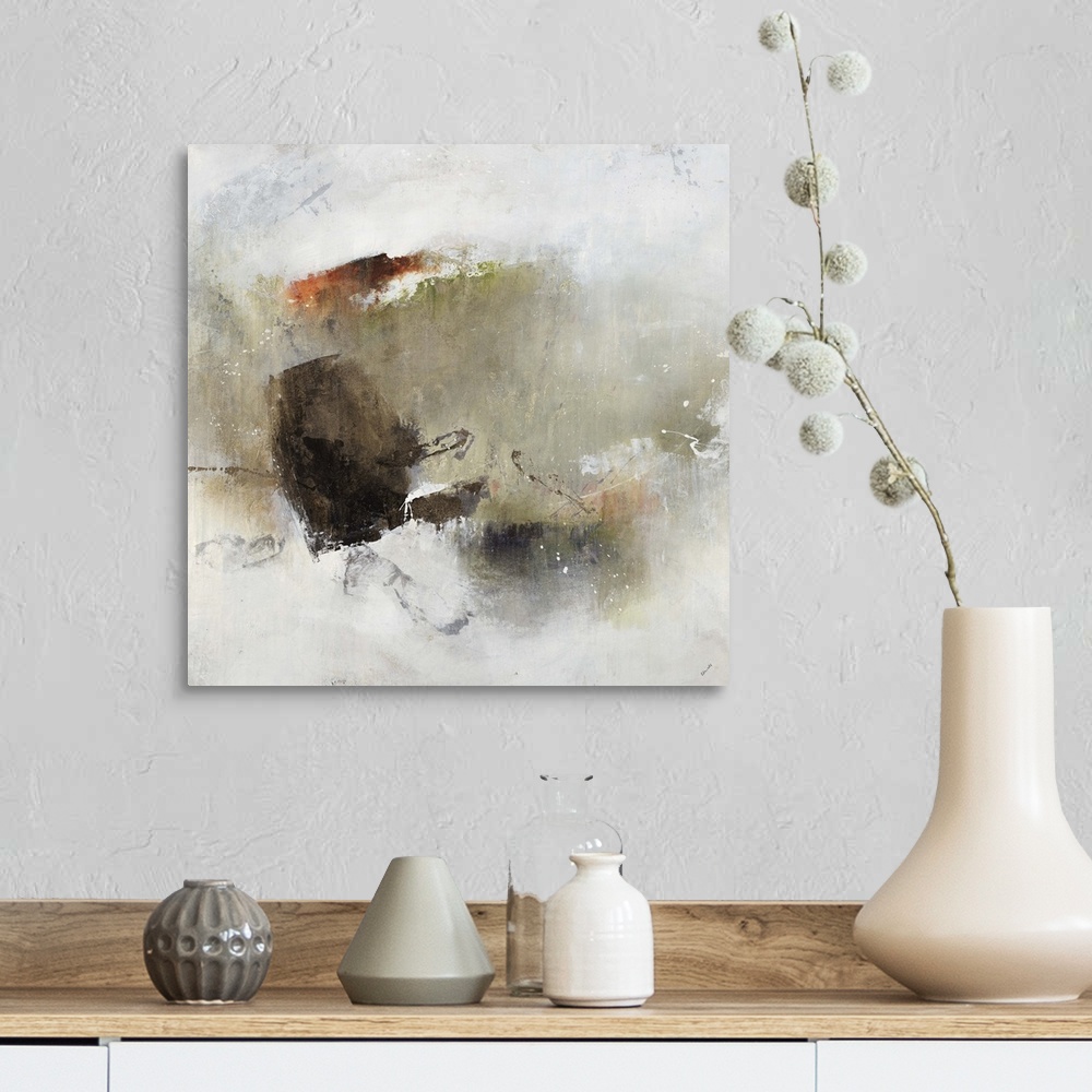 A farmhouse room featuring Abstract painting of a cluster of shapes and earth tone colors with the appearance of watercolors...