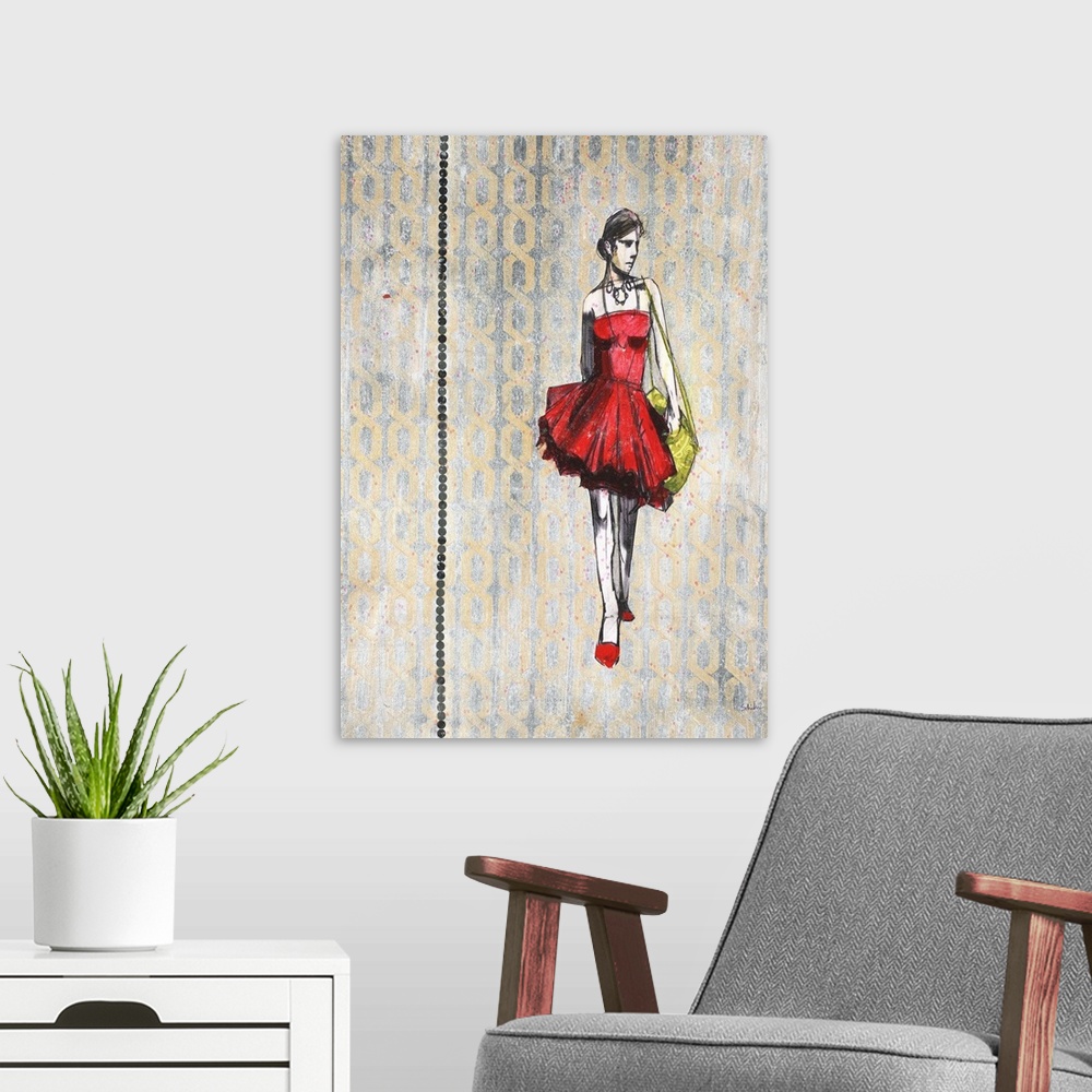 A modern room featuring Contemporary painting of a woman wearing fashionable clothes on a patterned background.