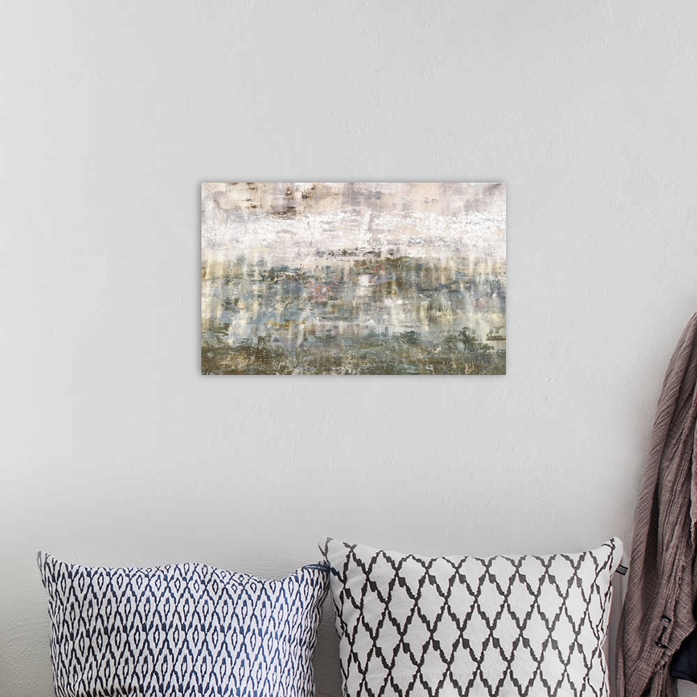 A bohemian room featuring Large contemporary abstract painting created with neutral hues and a rough looking finish to crea...