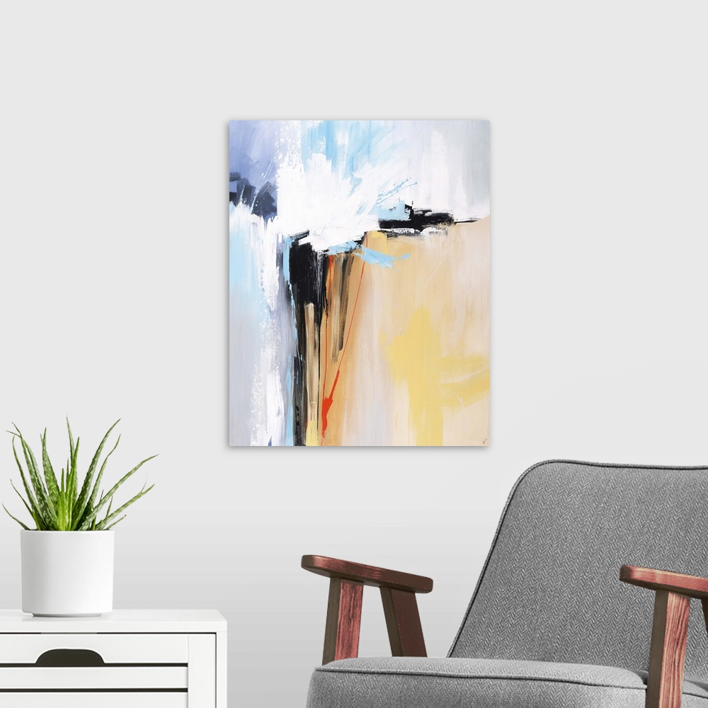 A modern room featuring Contemporary abstract painting using dark bold lines against multi-colored background.