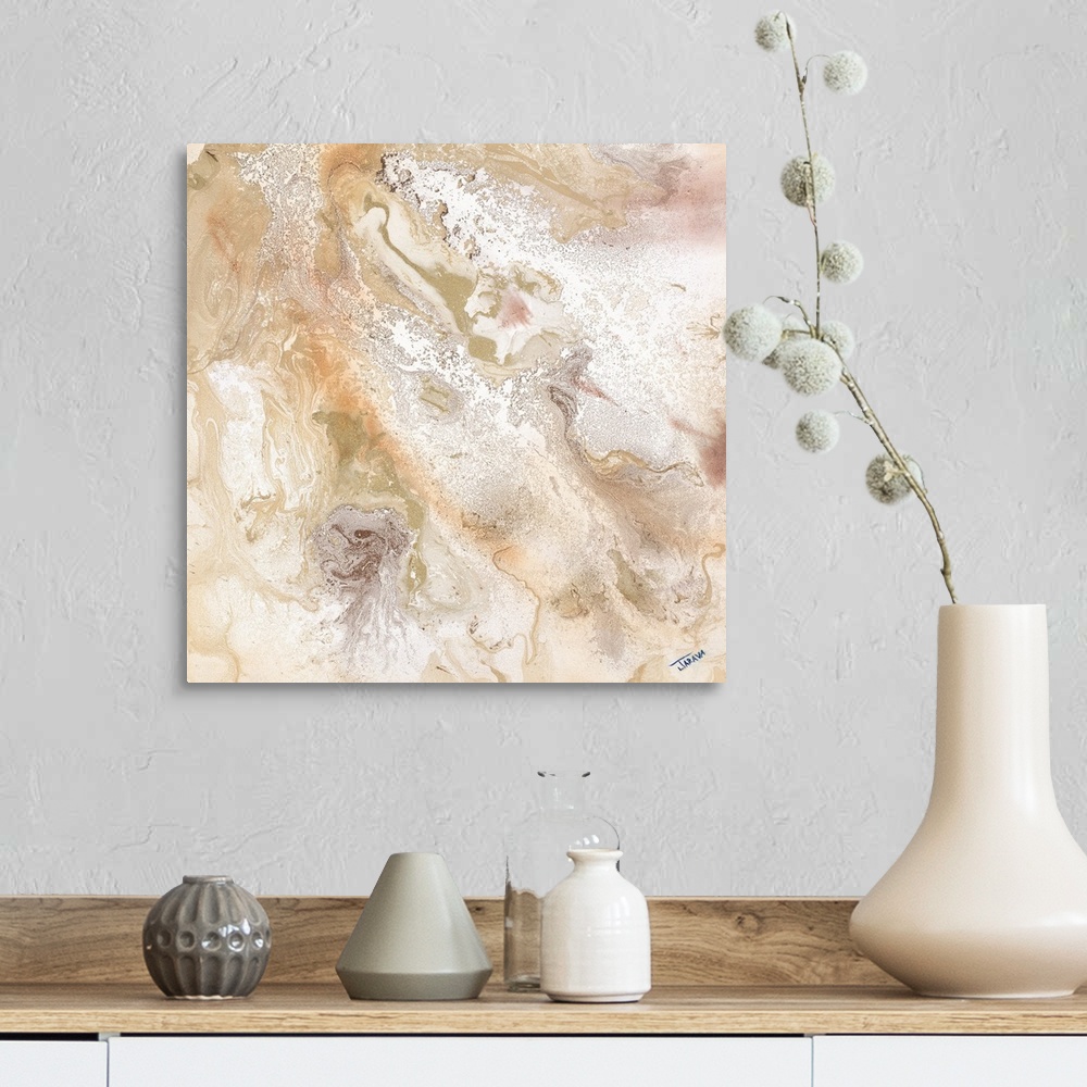 A farmhouse room featuring Contemporary abstract painting using pale earthy tones.