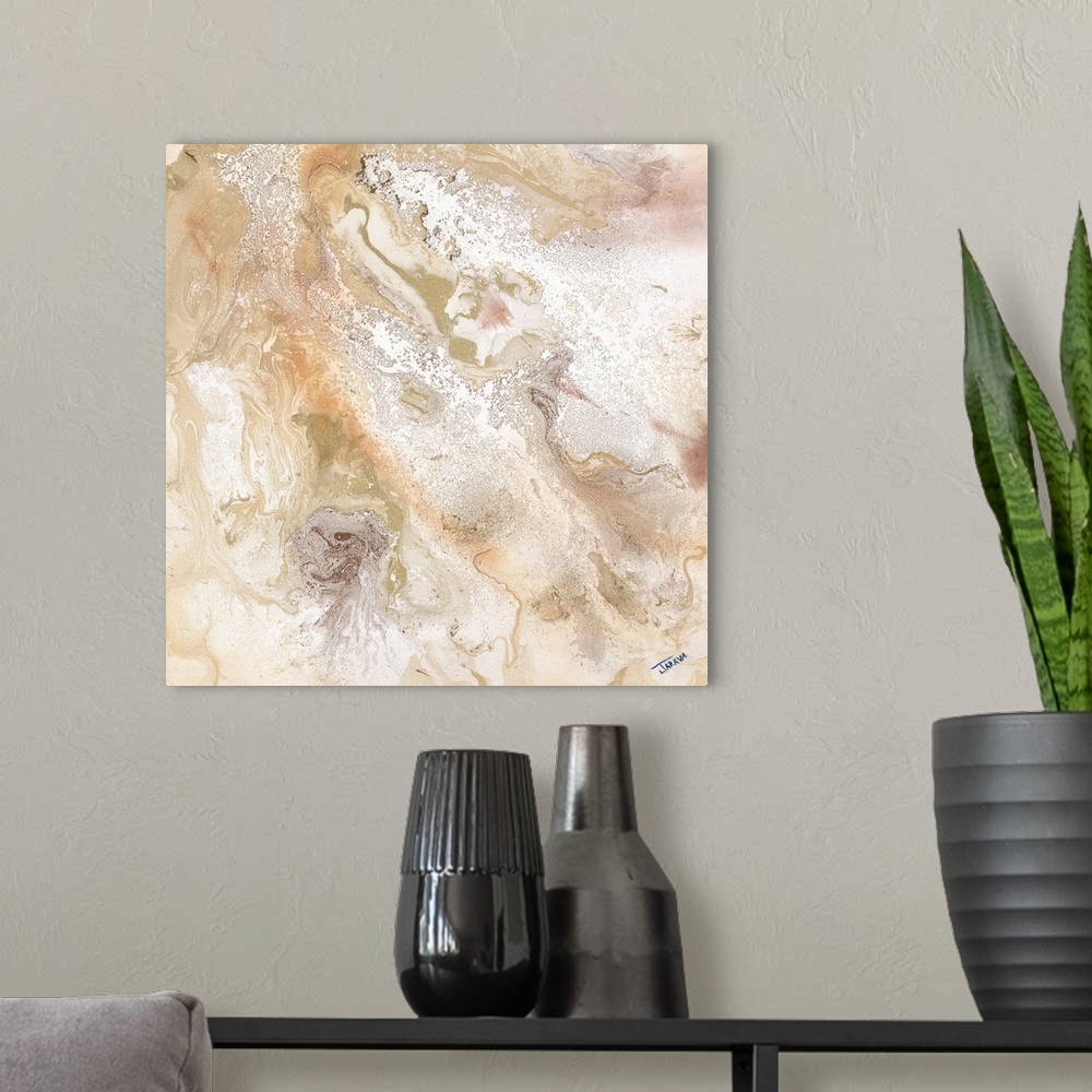 A modern room featuring Contemporary abstract painting using pale earthy tones.