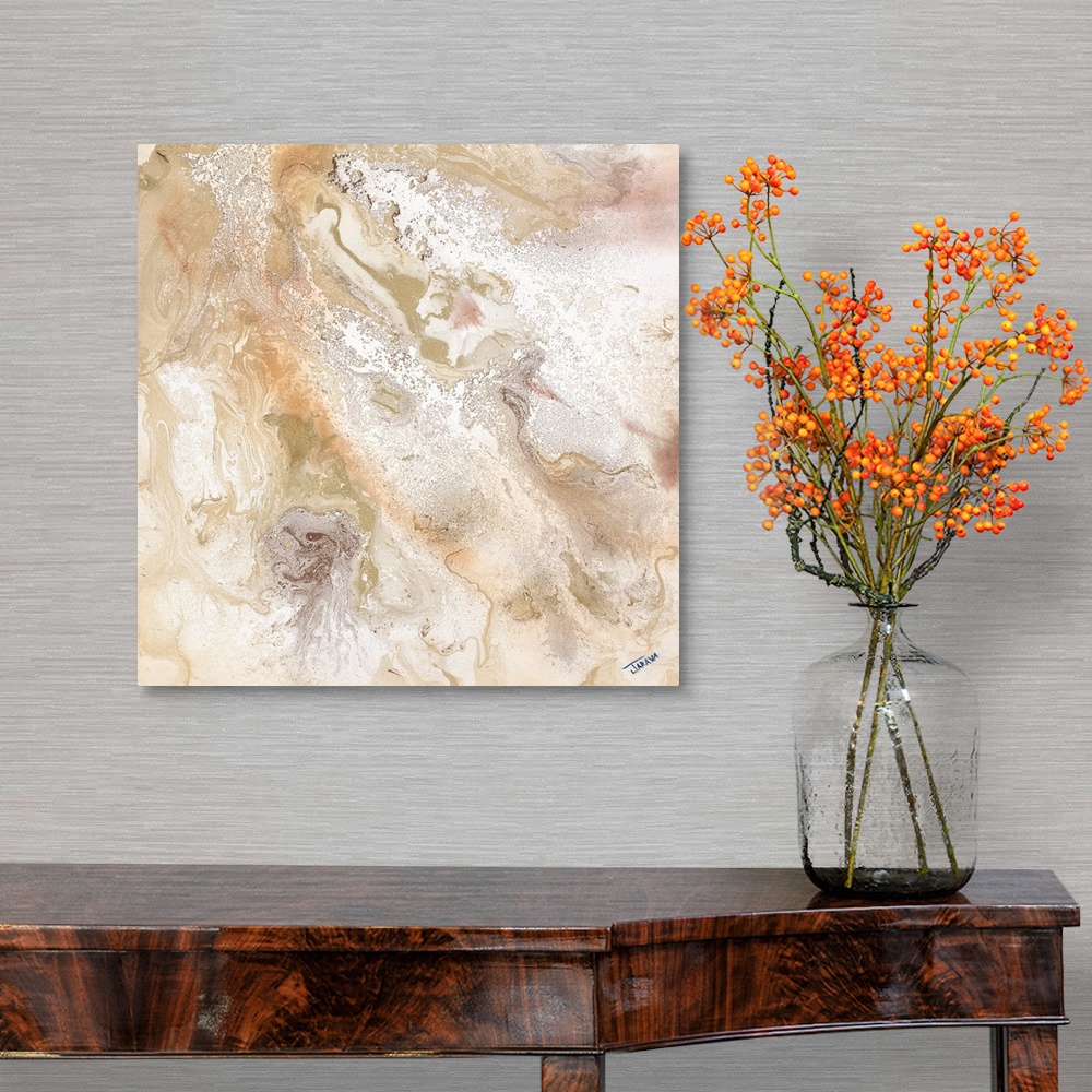 A traditional room featuring Contemporary abstract painting using pale earthy tones.