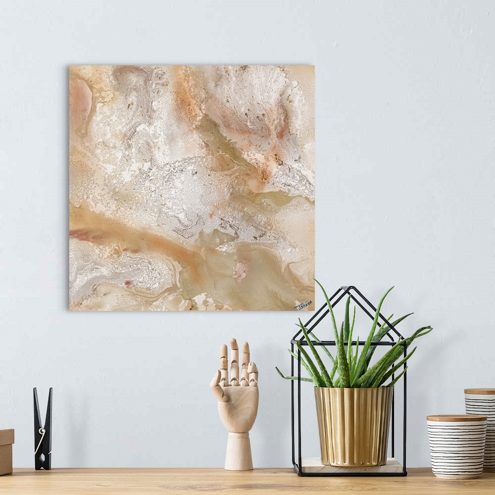 A bohemian room featuring Contemporary abstract painting using pale earthy tones.