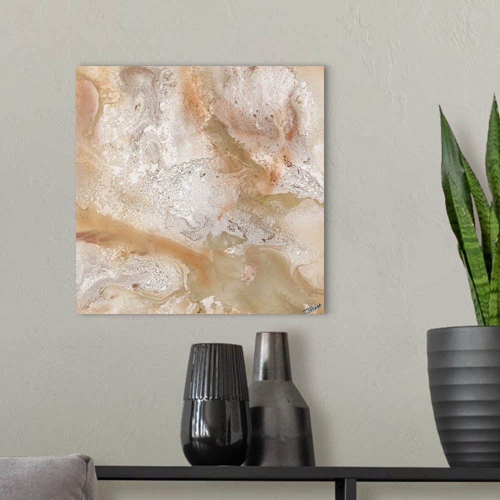 A modern room featuring Contemporary abstract painting using pale earthy tones.