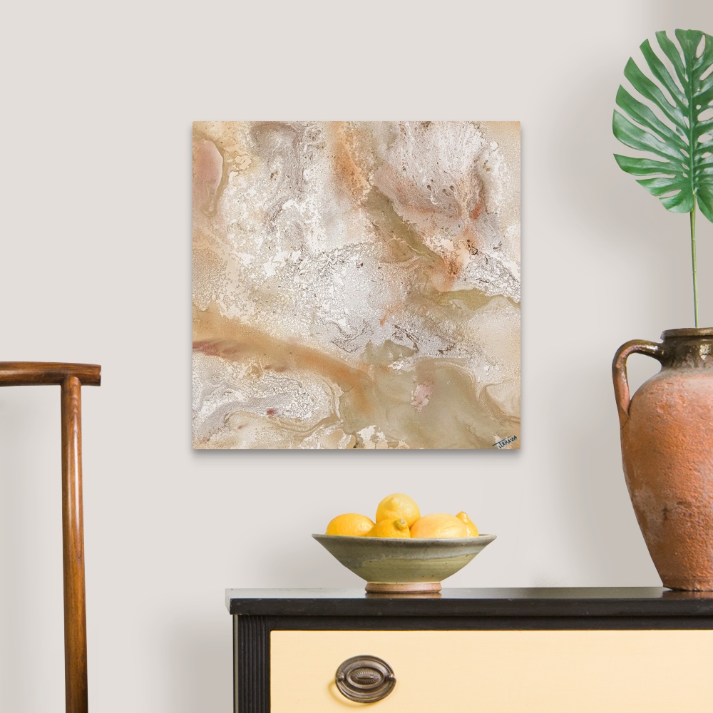 A traditional room featuring Contemporary abstract painting using pale earthy tones.