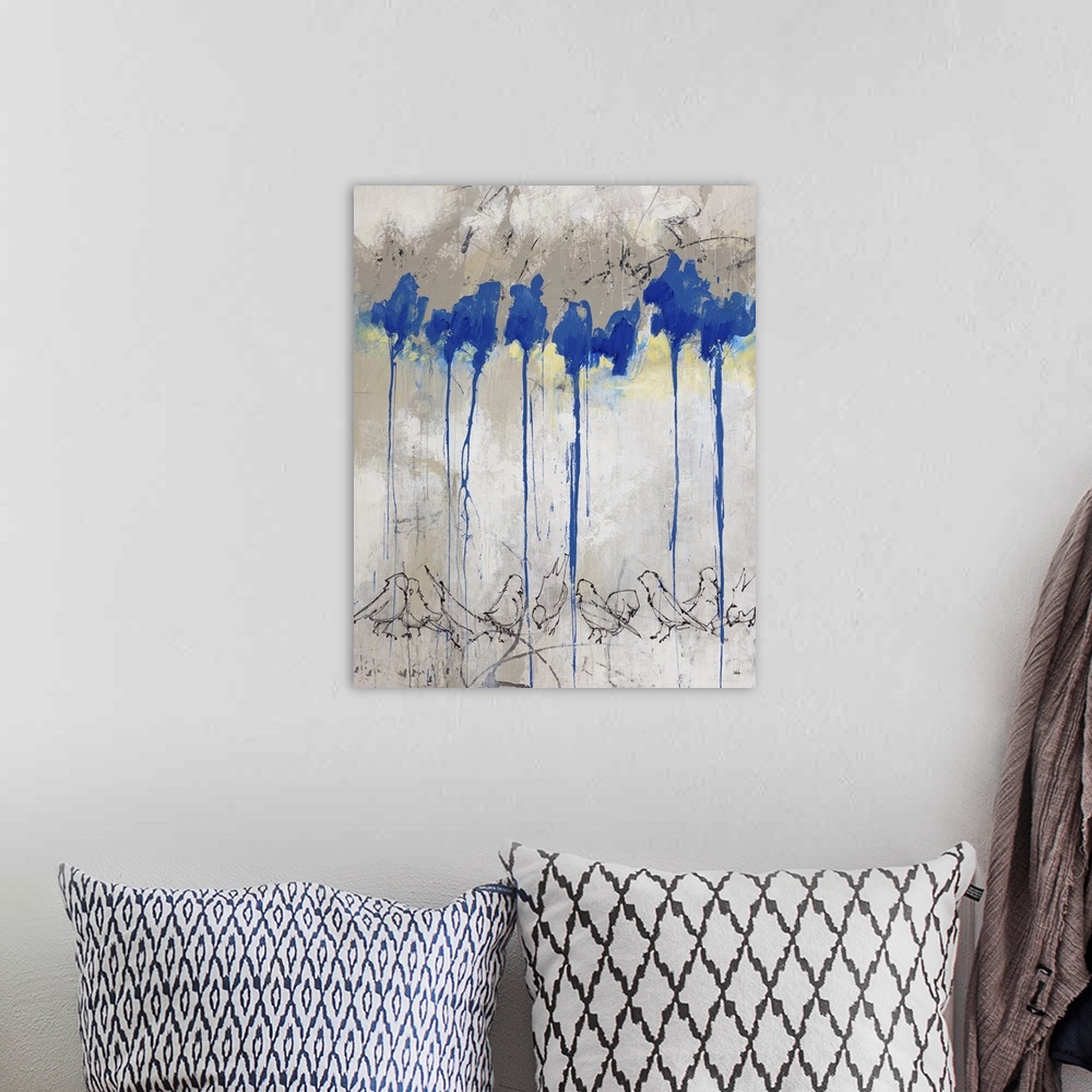 A bohemian room featuring Contemporary abstract painting with beige, gray, blue, and yellow hues and a row of outlined bird...