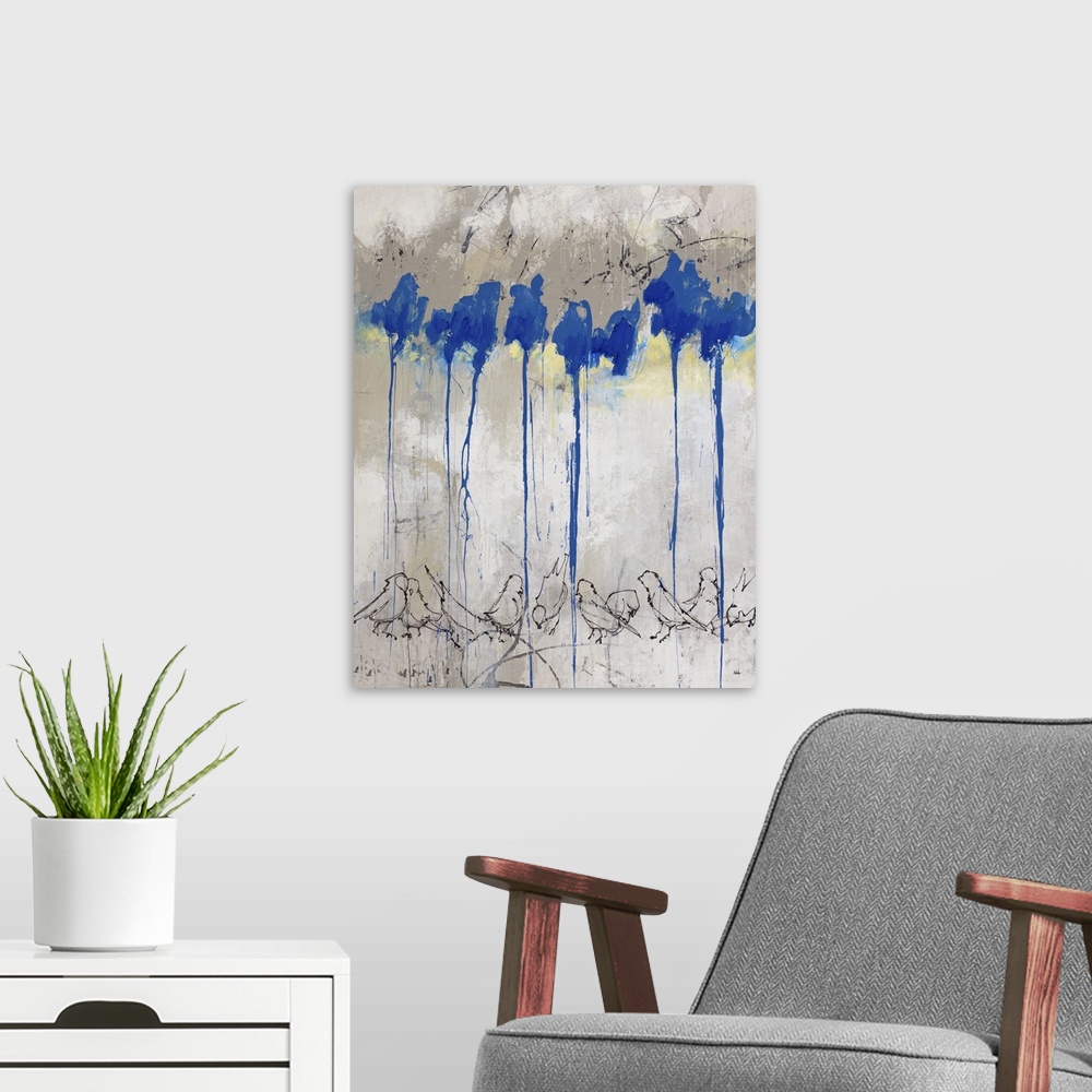 A modern room featuring Contemporary abstract painting with beige, gray, blue, and yellow hues and a row of outlined bird...