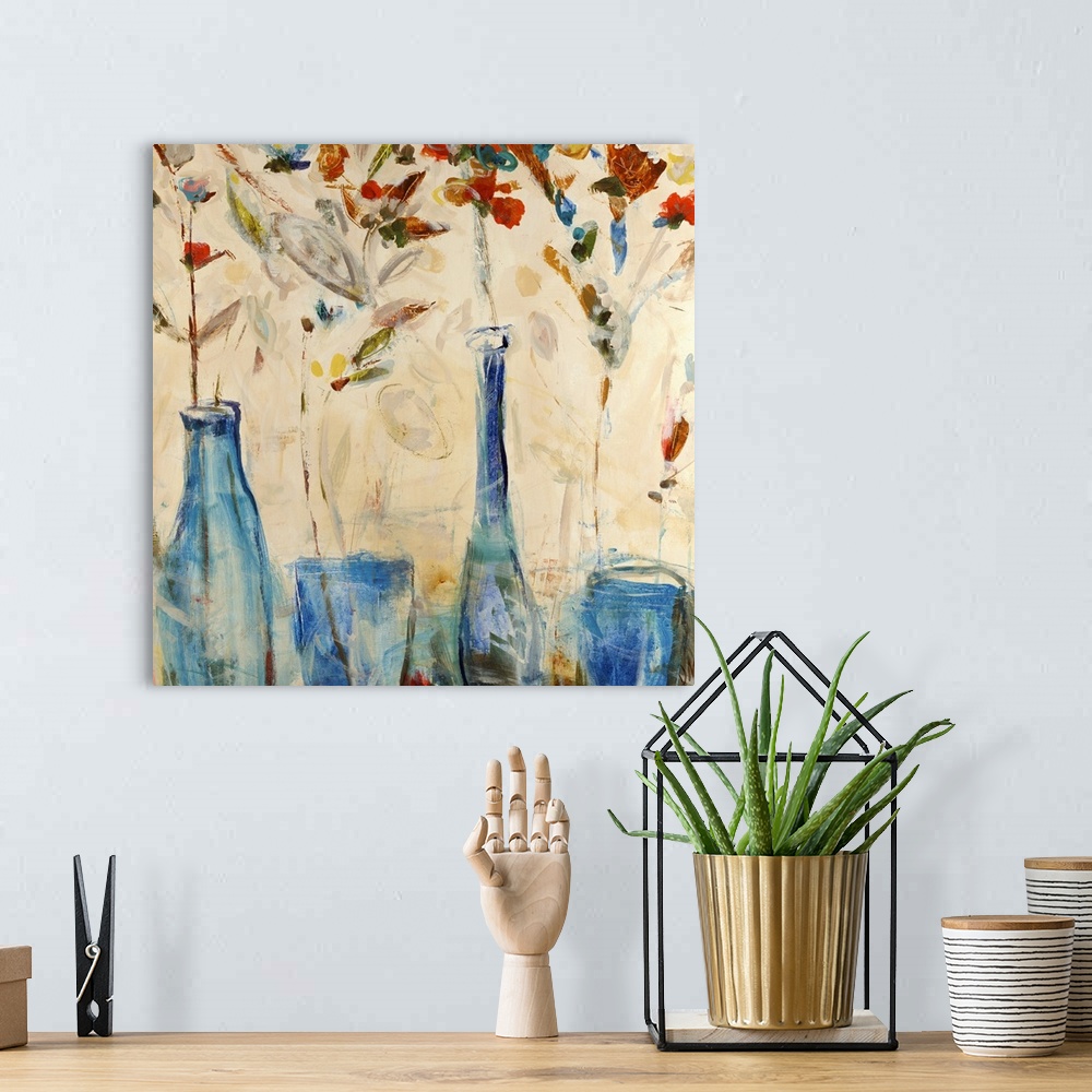A bohemian room featuring Blue vases line the bottom of the artwork as tall colorful flowers sprout from them.