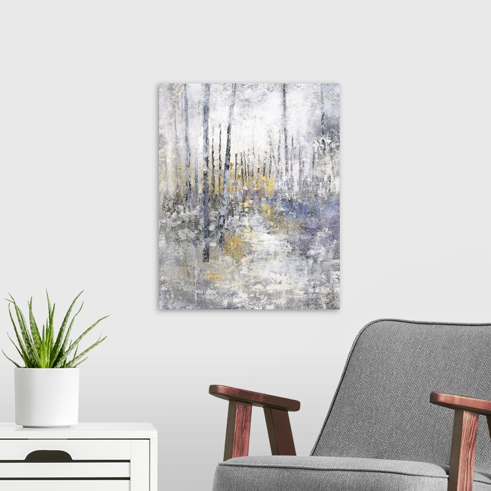 A modern room featuring Abstract landscape of a trail through a forest in textured muted tones.