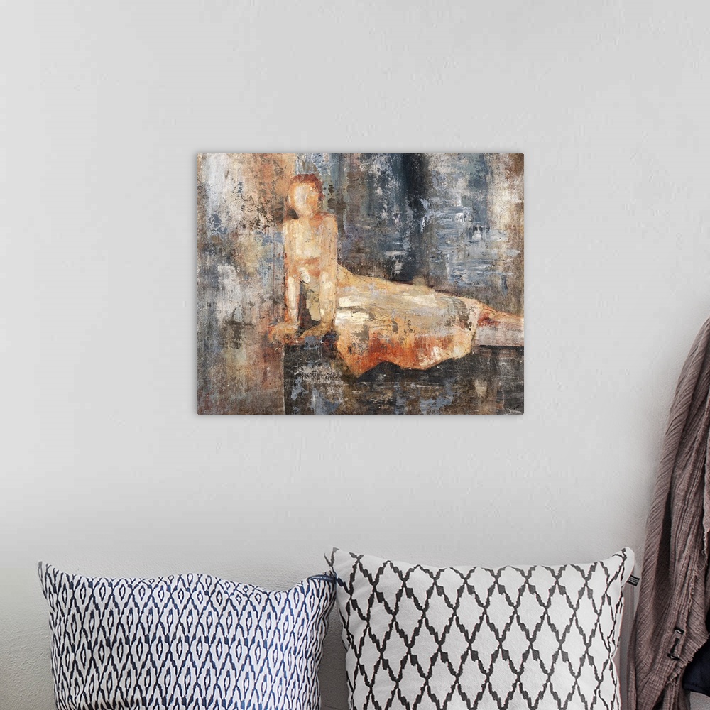 A bohemian room featuring Contemporary abstract painting using earthy tones to create a silhouette of a woman laying on her...