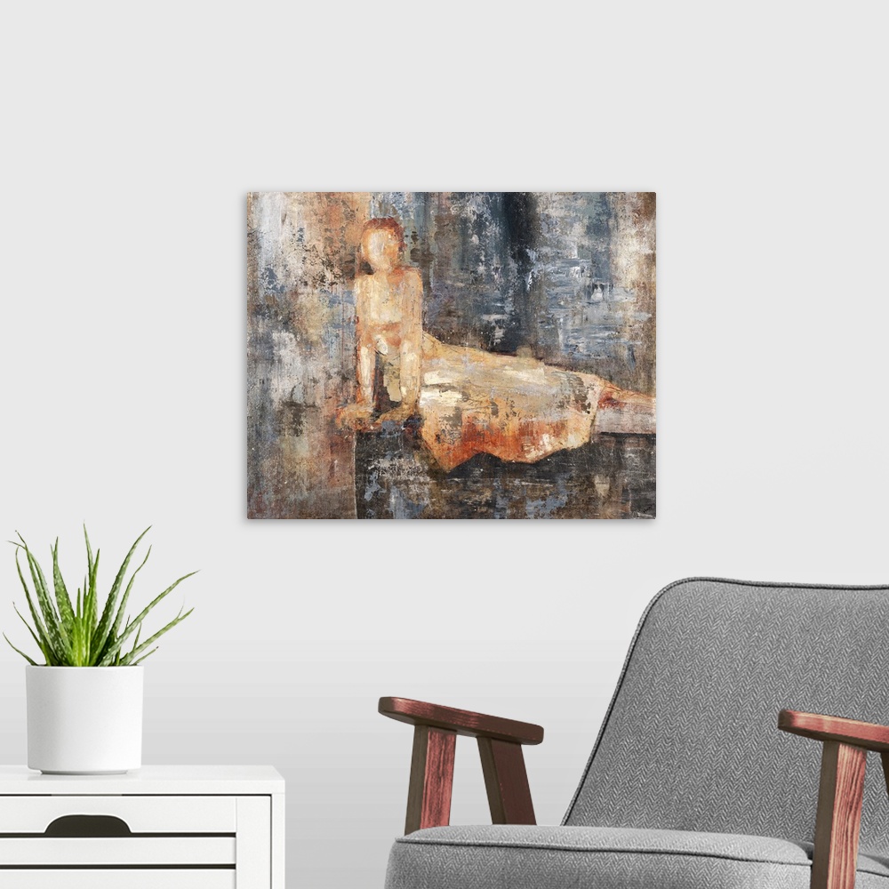 A modern room featuring Contemporary abstract painting using earthy tones to create a silhouette of a woman laying on her...