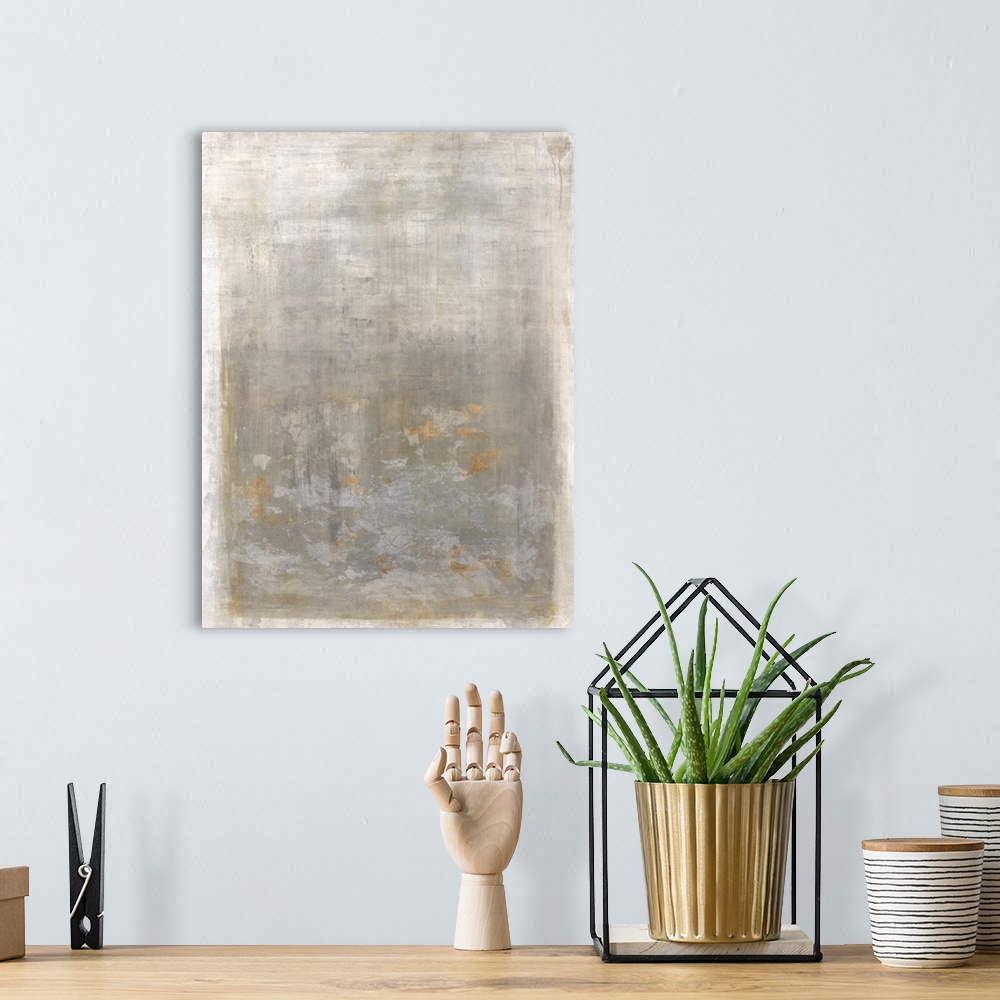 A bohemian room featuring Soft abstract painting with a white boarder and a faint silver rectangle in the center with gold ...