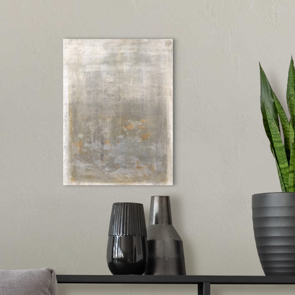 A modern room featuring Soft abstract painting with a white boarder and a faint silver rectangle in the center with gold ...