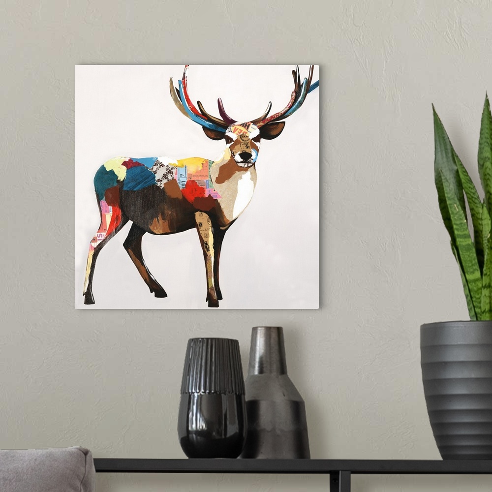 A modern room featuring Square art created with mixed media of a deer with large antlers standing on a light gray backgro...