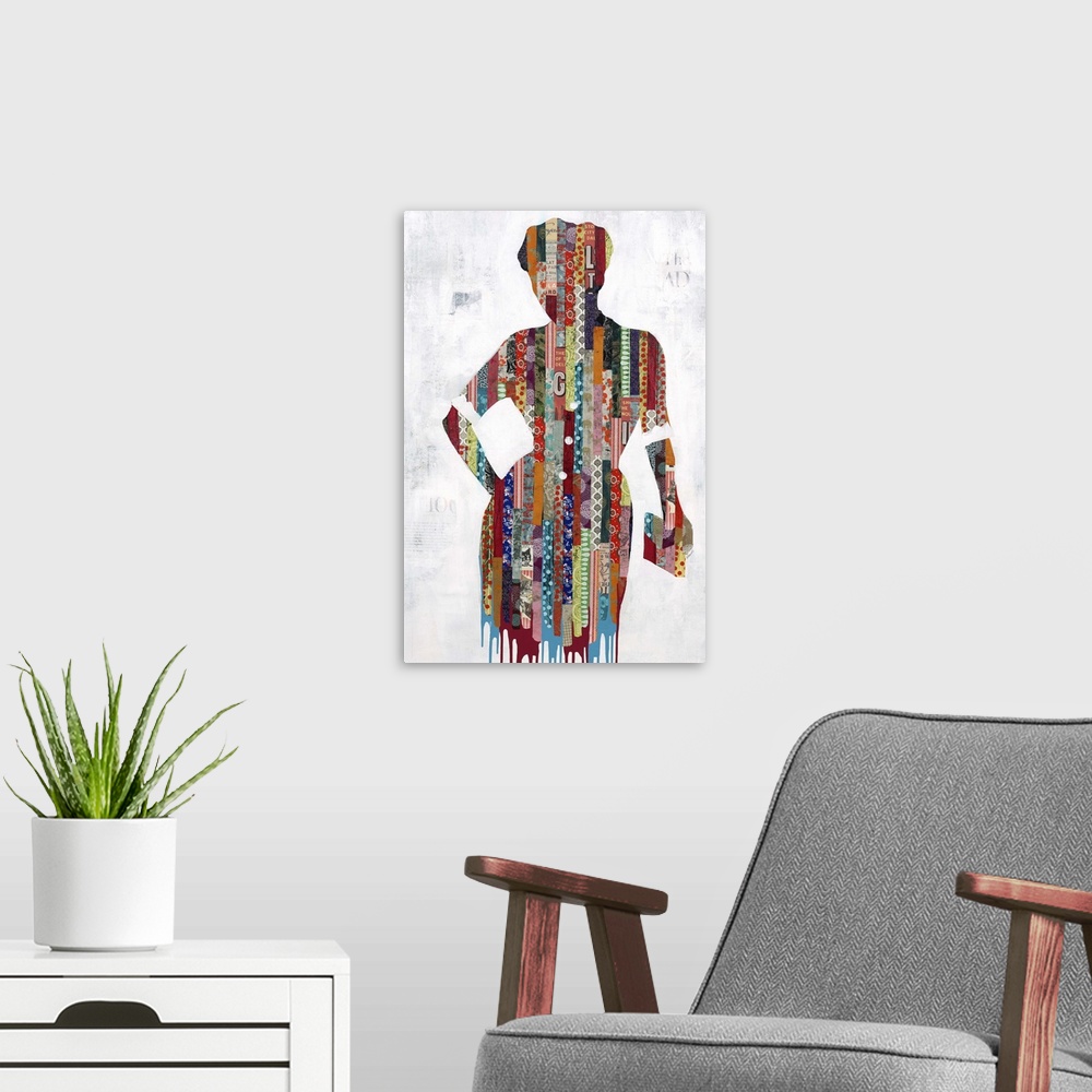 A modern room featuring Contemporary painting of a woman in a dress with a clutch made of collage elements.