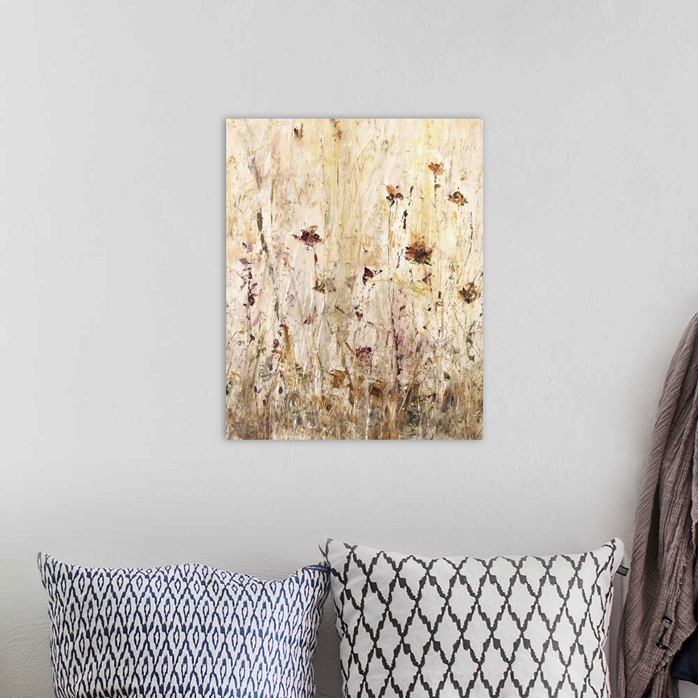 A bohemian room featuring Contemporary abstract painting of flowers and tall grass in earthy tones.