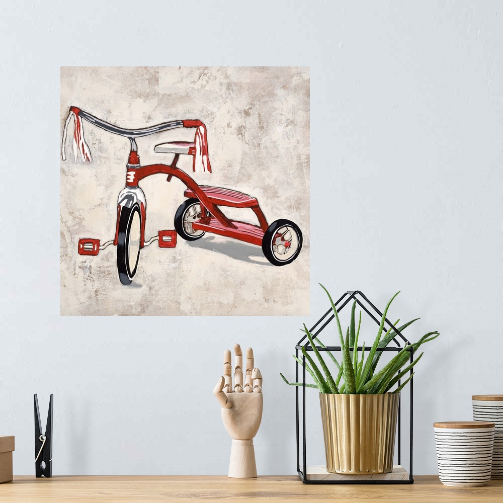 A bohemian room featuring Contemporary painting of a bright red tricycle.