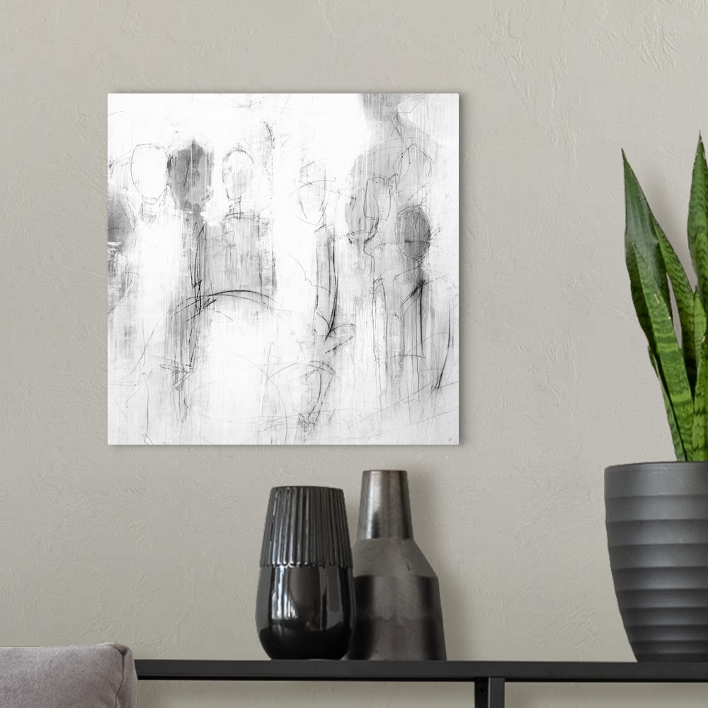 A modern room featuring An abstract painting of shapes of people in black lines and gray brush strokes.