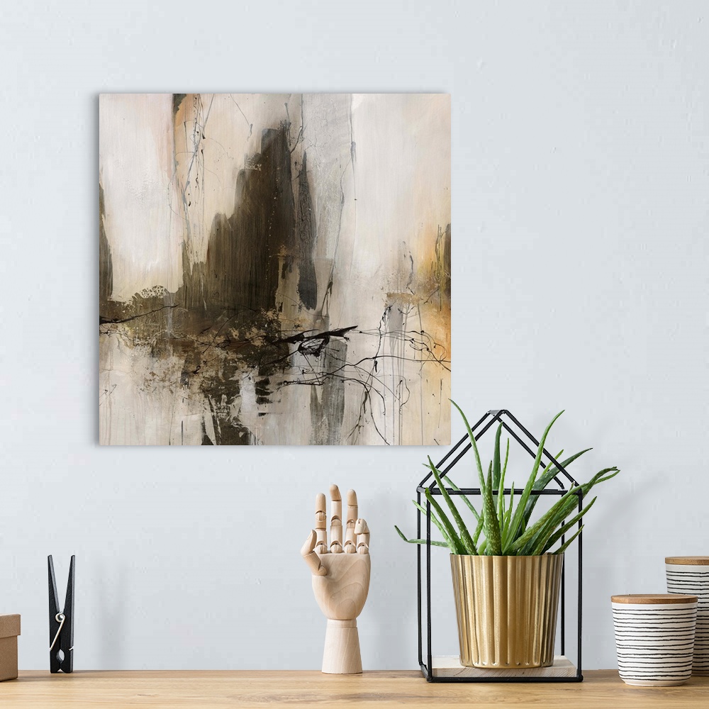 A bohemian room featuring Abstract contemporary painting in dark earth tones.