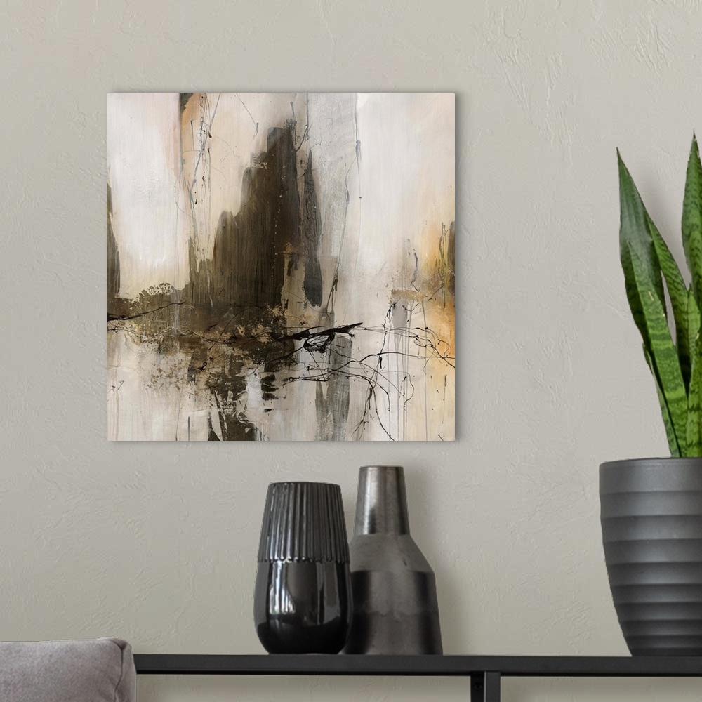 A modern room featuring Abstract contemporary painting in dark earth tones.