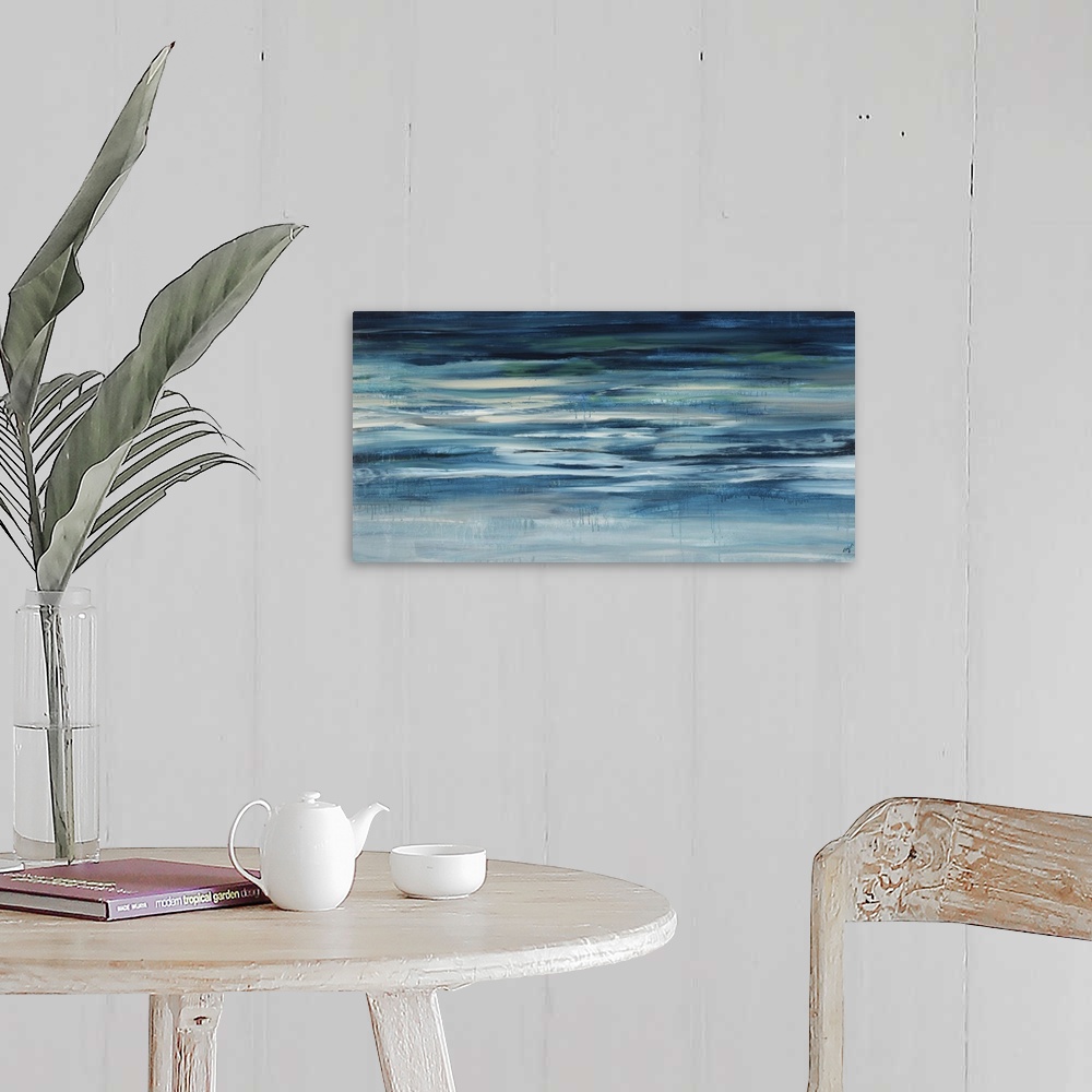 A farmhouse room featuring Contemporary abstract painting of teal and light blue colored waterscape.