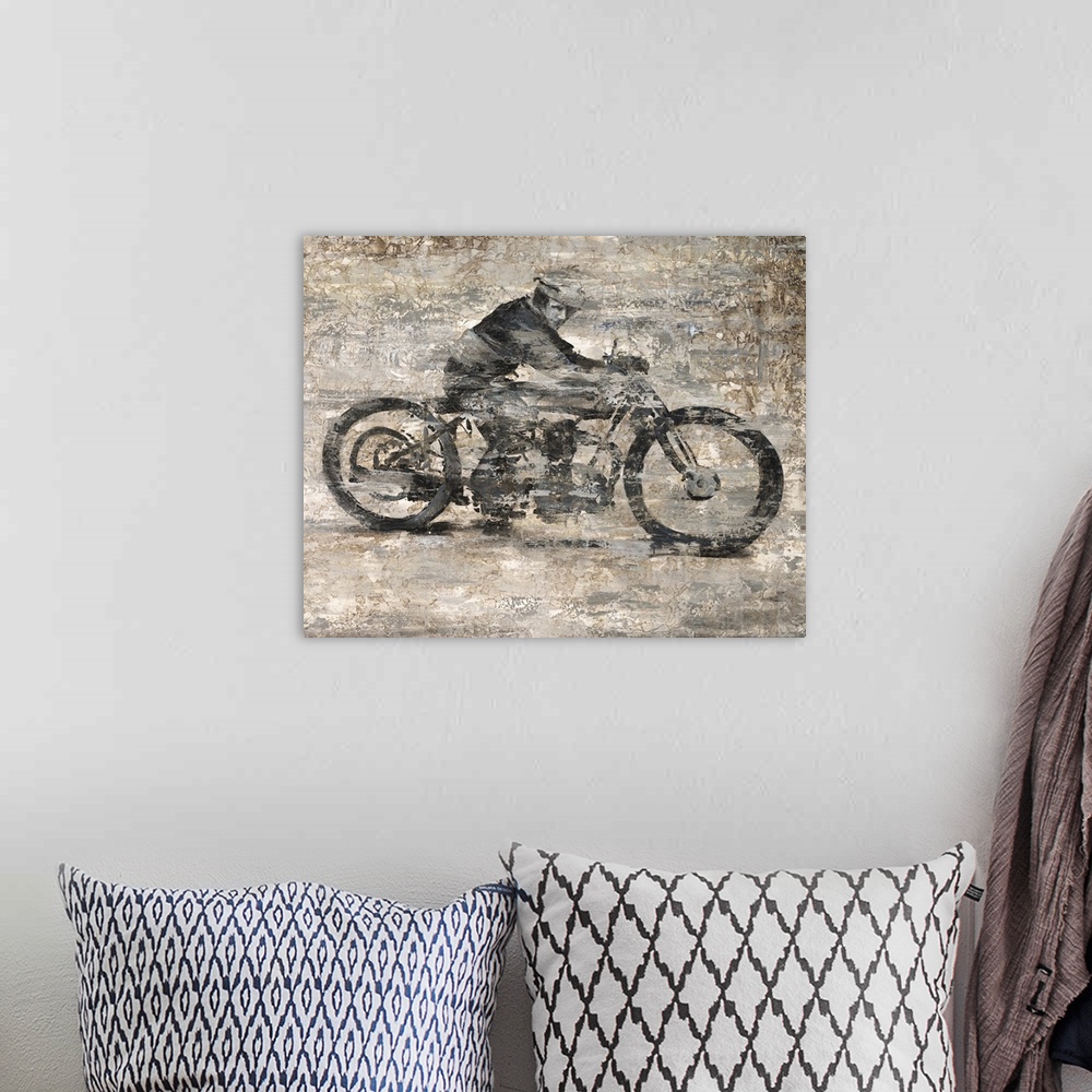 A bohemian room featuring Contemporary painting of a man on a vintage motorcycle.