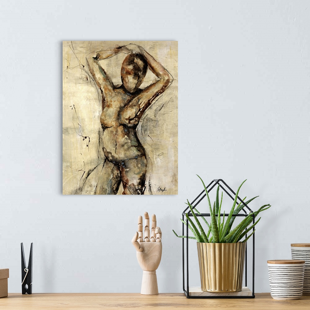 A bohemian room featuring Contemporary abstract figurative painting of a woman standing with her hands folded over her head...