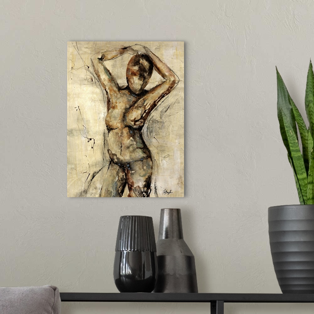 A modern room featuring Contemporary abstract figurative painting of a woman standing with her hands folded over her head...
