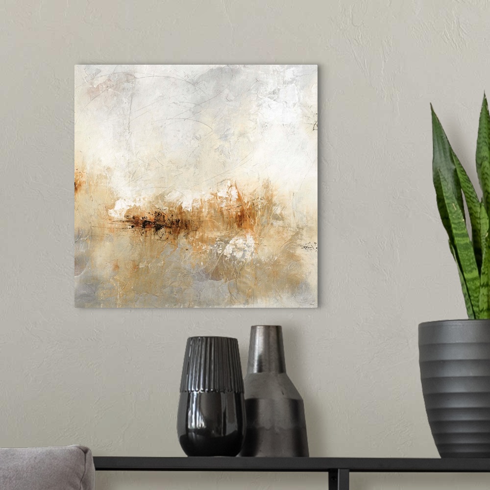 A modern room featuring Square abstract painting in neutral colors with thin black markings on top.
