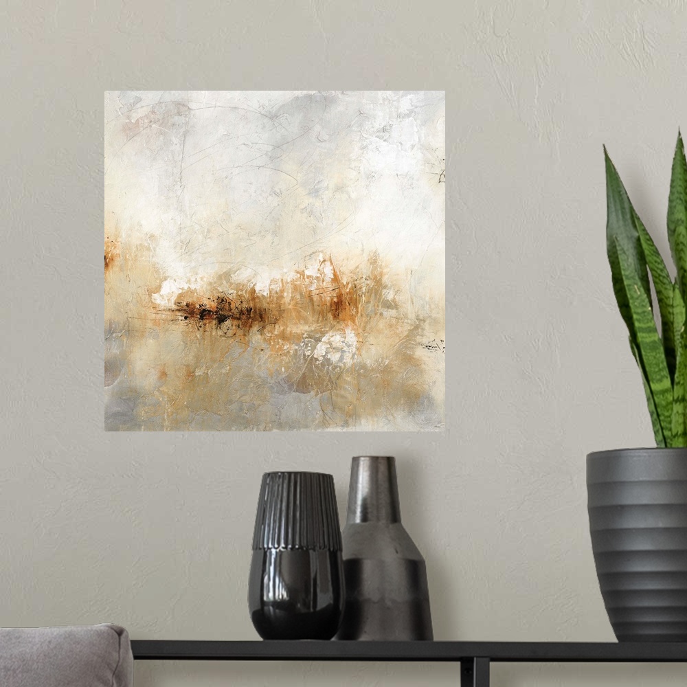 A modern room featuring Square abstract painting in neutral colors with thin black markings on top.