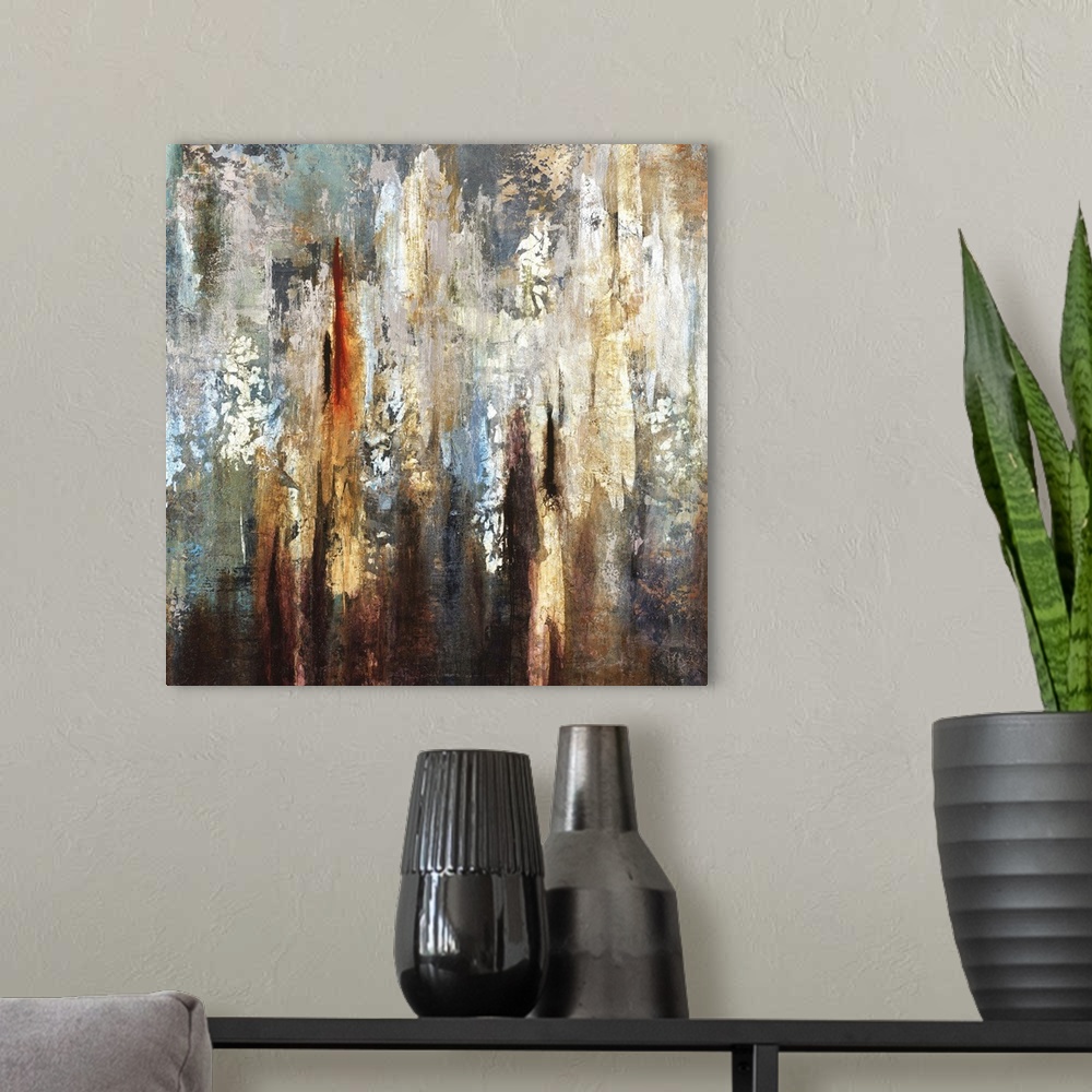 A modern room featuring Contemporary abstract painting using earthy tones.