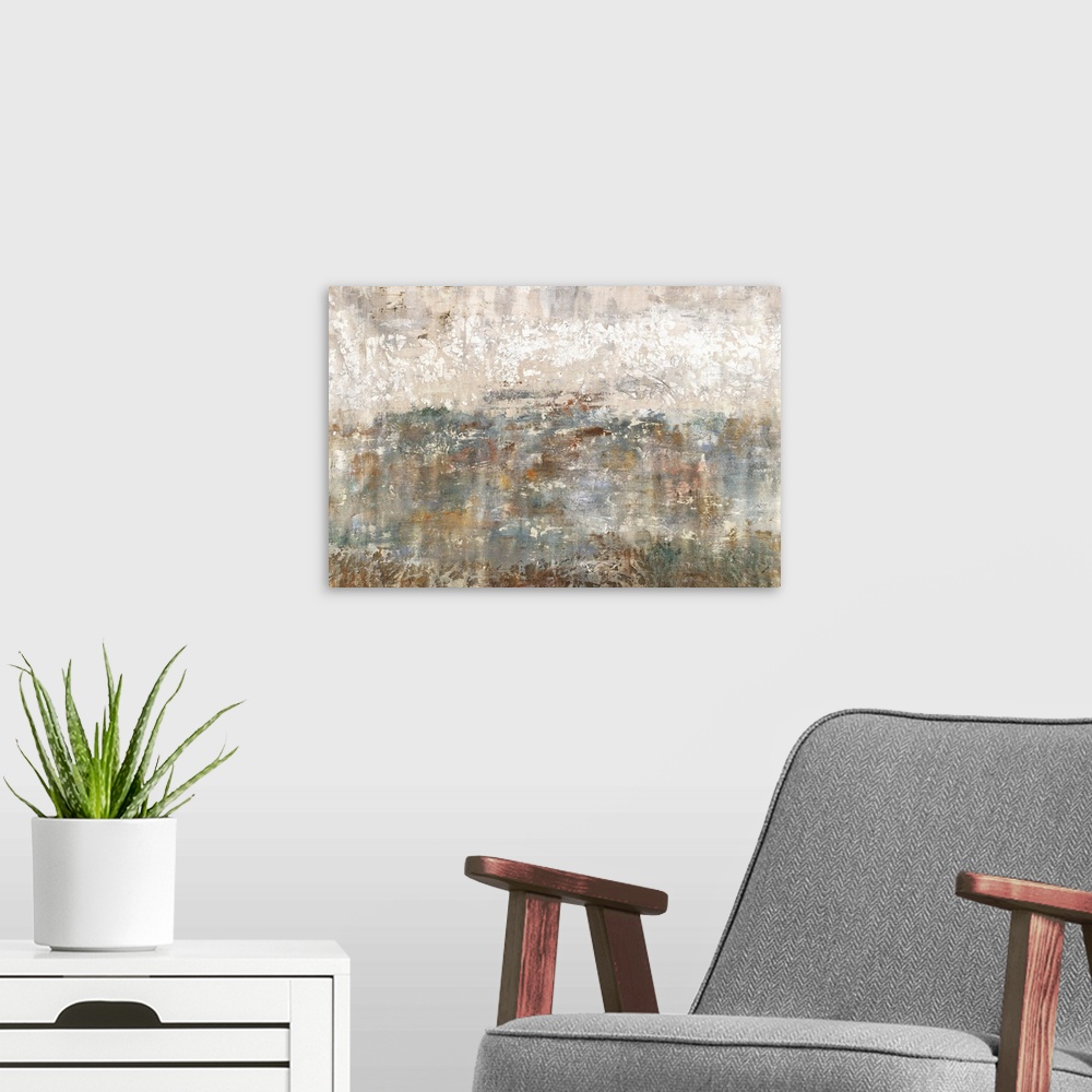 A modern room featuring Abstract painting using earthy tones and a mix of warm and cool hues with a gritty looking texture.