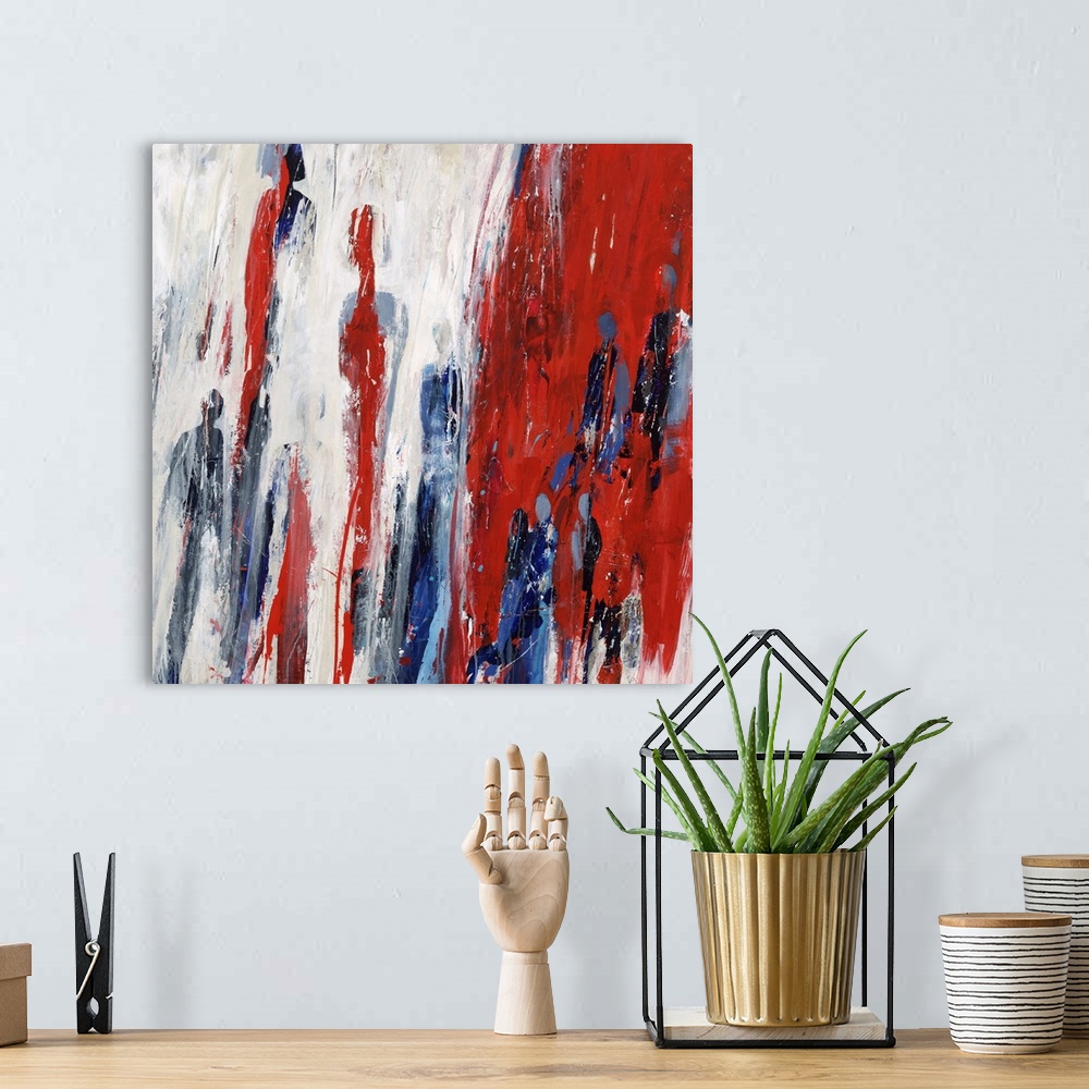 A bohemian room featuring Abstract painting using deep red against a neutral toned background, with what looks like blue fi...
